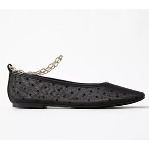 LOFT Black Dotted Mesh Ballet Flats Gold Chain Ankle Strap Women’s 11M